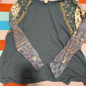 7th Ray Blue and Multicolor Patchwork Long Sleeve Top
